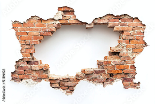 a hole in a brick wall on a white background