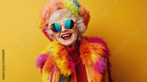 Happy senior woman in colorful fur coat and sunglasses smiling against yellow background.