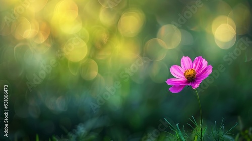 Single Pink Flower in Green Bokeh.