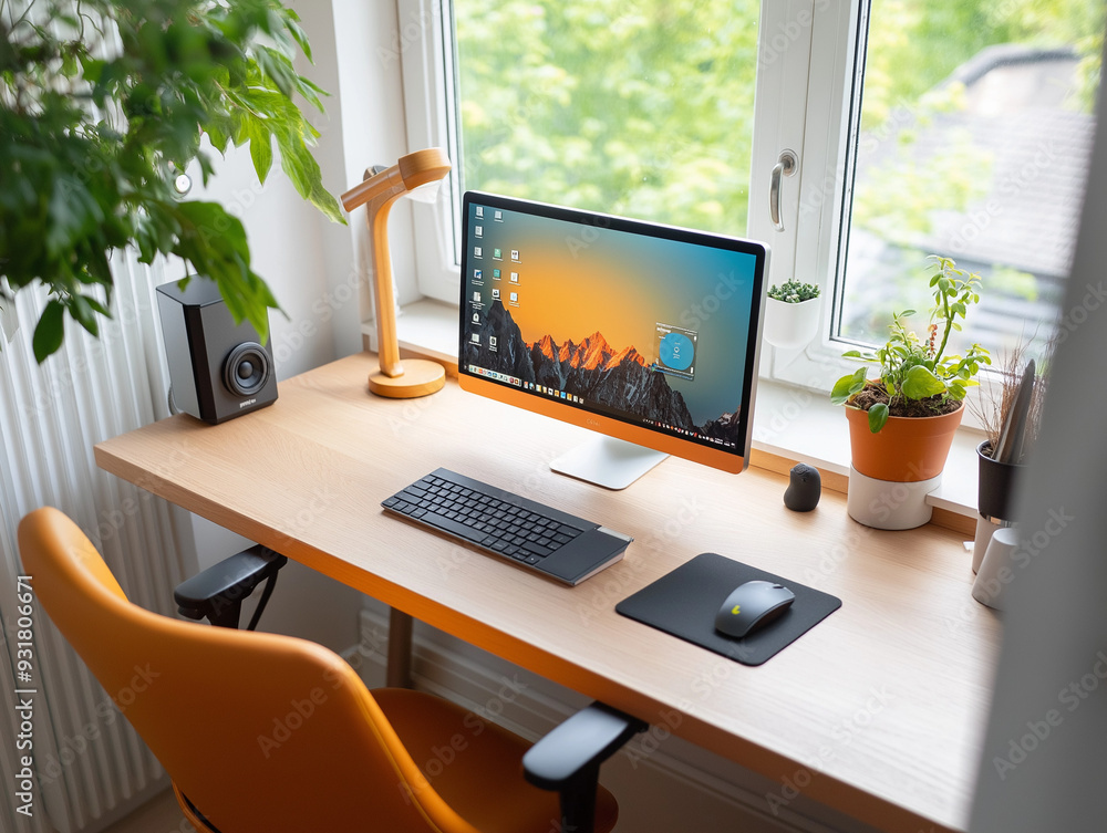 Fototapeta premium The essence of remote work in a serene, minimalist home office, bathed in natural light, with urban life subtly in the background, focusing on calm productivity.