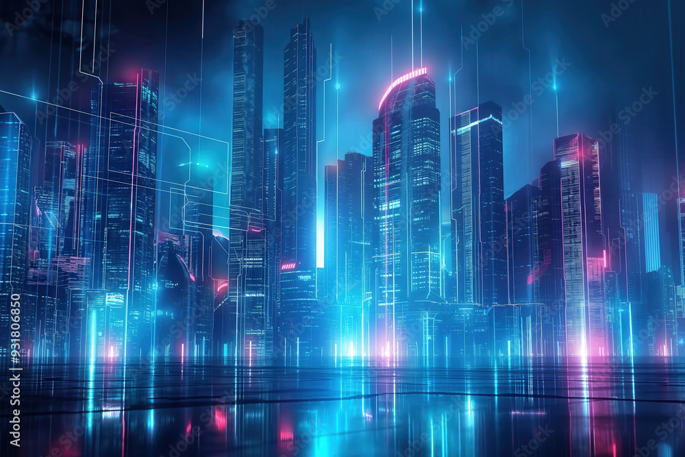 A futuristic 3D city skyline at night, featuring holographic displays connections glowing on skyscrapers. Modern metropolises with big data shine in blue and pink tones. A futuristic 3D city skyline at night, featuring holographic displays connections glowing on skyscrapers. Modern metropolises with big data shine in blue and pink tones.