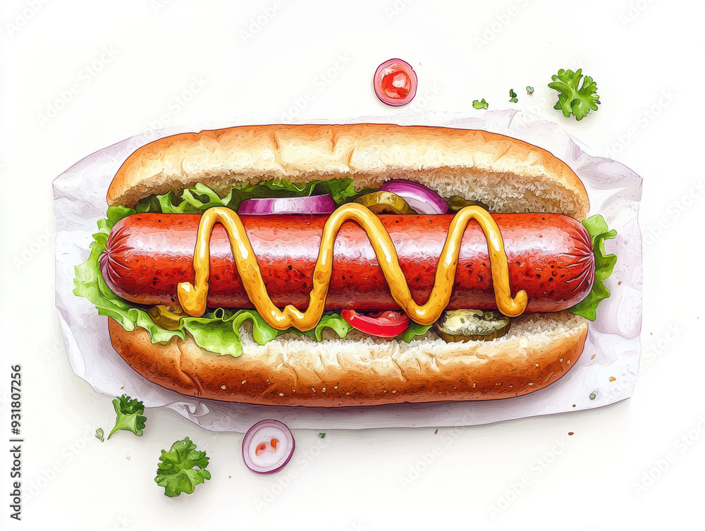 Delicious hot dog with mustard, lettuce, and onion on a bun, garnished with parsley and cherry tomato slices. Delicious hot dog with mustard, lettuce, and onion on a bun, garnished with parsley and cherry tomato slices.