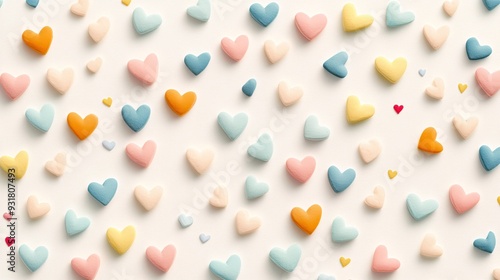 Pattern of tiny hearts in various pastel colors on a light background
