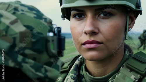 Portrait of female military woman in helmet and green camouflage uniform. Serving motherland under contract. Strong confident girl looking at camera. Army soldier. Feminist concept. Country security. photo