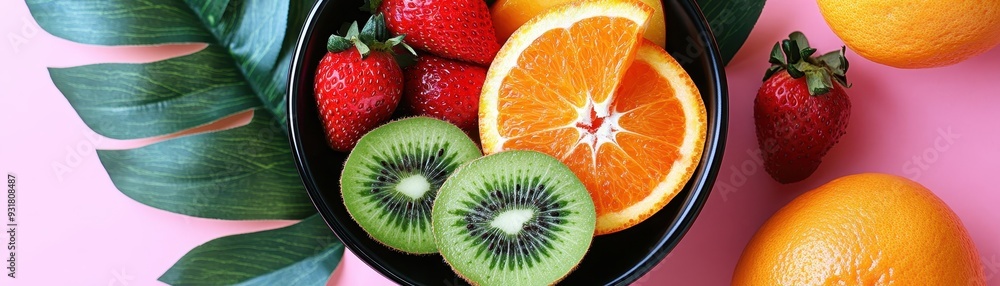 Fresh and Vibrant Fruit Bowl with Strawberries, Oranges, and Kiwi on a Pink Background with Green Leaf Accents Fresh and Vibrant Fruit Bowl with Strawberries, Oranges, and Kiwi on a Pink Background with Green Leaf Accents