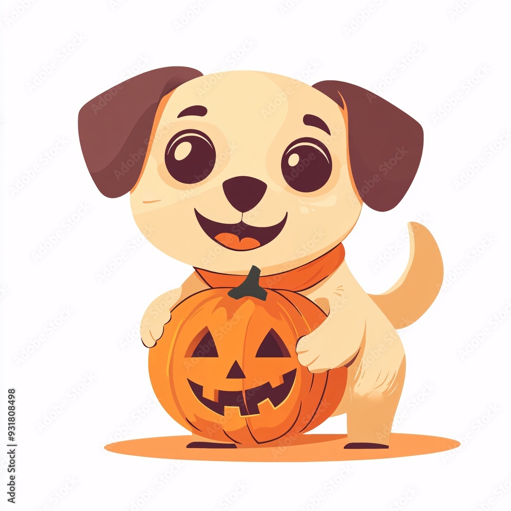 Cheerful Flat Illustration of a Dog Holding a Halloween Pumpkin in Modern Cartoon Style Cheerful Flat Illustration of a Dog Holding a Halloween Pumpkin in Modern Cartoon Style