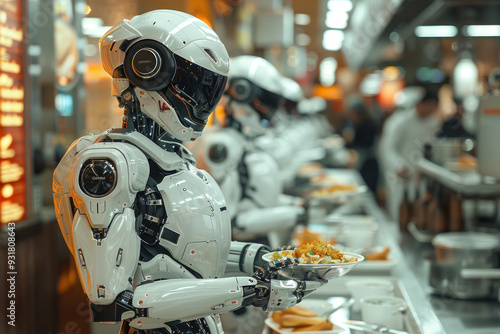 Humanoid robots serve meals in a futuristic diner