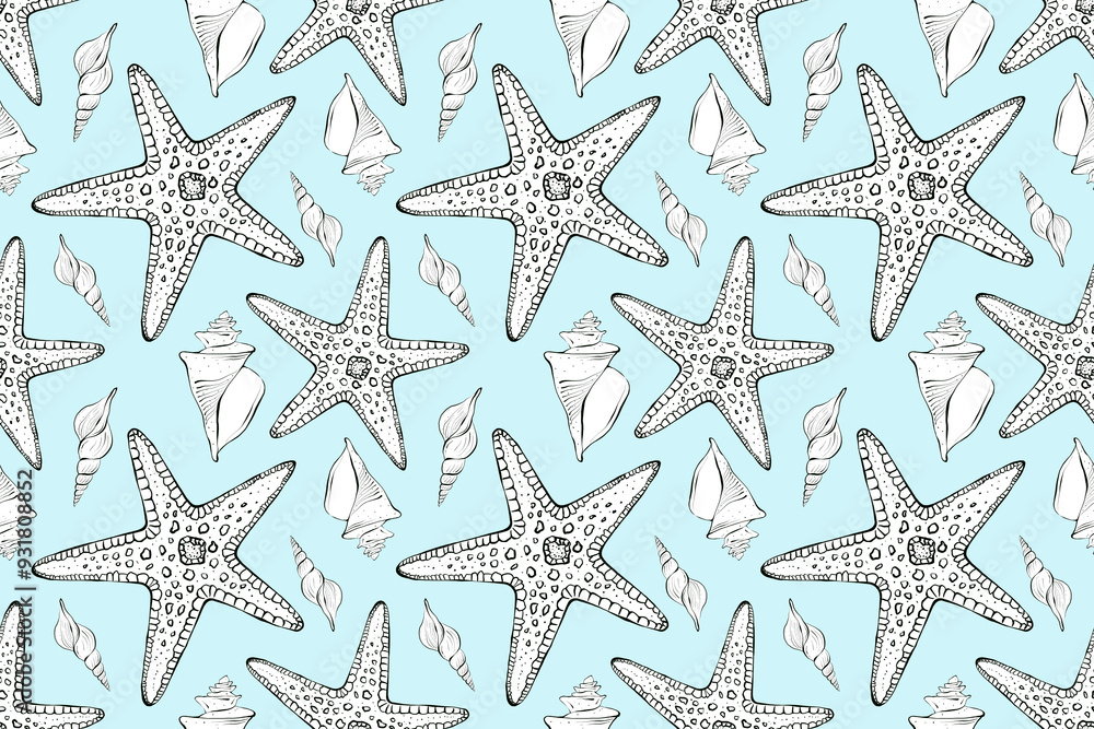 Seamless pattern in nautical style. Starfish and seashells on a blue background. Hand drawn illustration in line art. Drawn in black ink in sketch style. Design for packaging, textile, wallpaper Seamless pattern in nautical style. Starfish and seashells on a blue background. Hand drawn illustration in line art. Drawn in black ink in sketch style. Design for packaging, textile, wallpaper