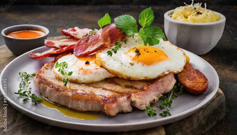 Grilled steak meets a golden fried egg, offering a classic and hearty meal. Grilled steak meets a golden fried egg, offering a classic and hearty meal.