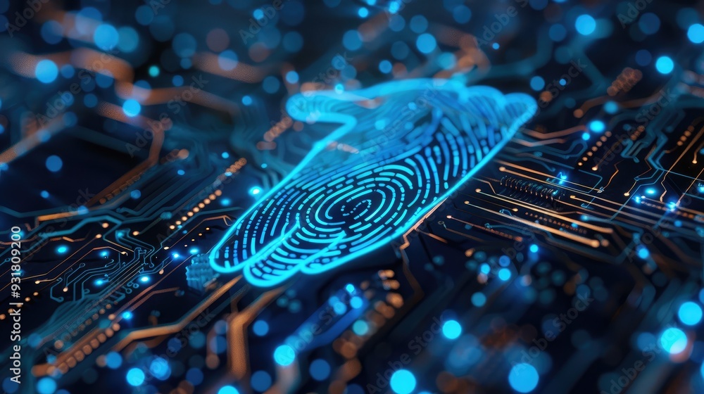 Resting on a circuit board, blue glowing lines and dots form the outline of a hand palm with finger print patterns. Resting on a circuit board, blue glowing lines and dots form the outline of a hand palm with finger print patterns.