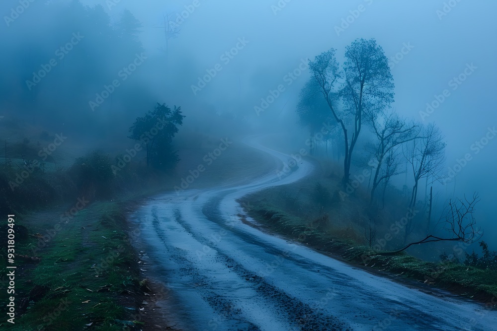 Serene Misty Road Winding Through a Foggy Landscape Serene Misty Road Winding Through a Foggy Landscape