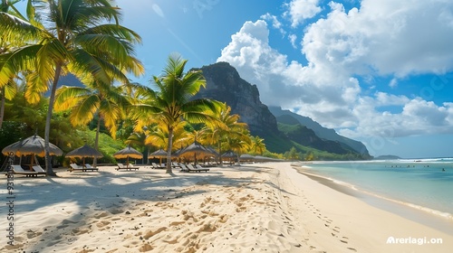 Beach with palm trees and umbrellas on Le morne beach in Mauriutius Luxury tropical beach and Le Morne mountain in Mauritius Le Morne beach with palm trees white sand and luxury resort : Generative AI photo