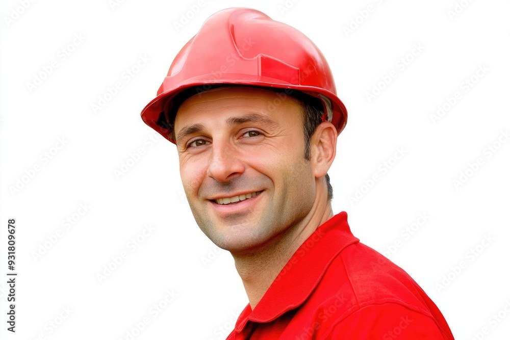 Friendly construction worker with a safety helmet smiling against a simple white backdrop Friendly construction worker with a safety helmet smiling against a simple white backdrop