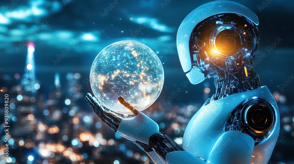 A sophisticated AI robot holds an illuminated globe A sophisticated AI robot holds an illuminated globe