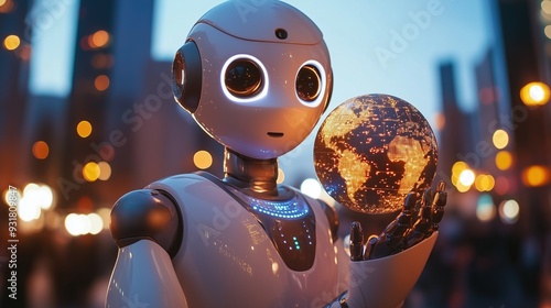 A sophisticated AI robot holds an illuminated globe