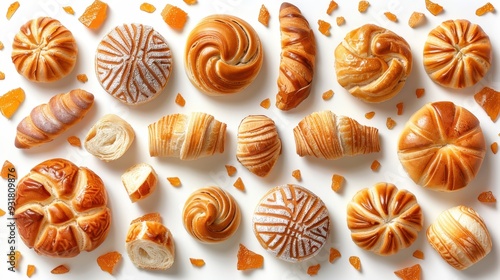 A visually appealing arrangement of various choux pastry buns displayed in a mix of whole, broken, and sliced pieces. The image is provided as a transparent PNG, perfect for mockup purposes.