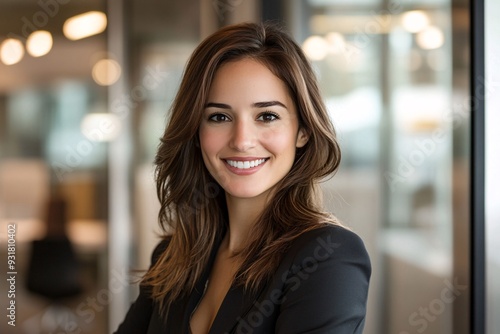 Smiling Businesswoman with Long Brown Hair in Professional Attire