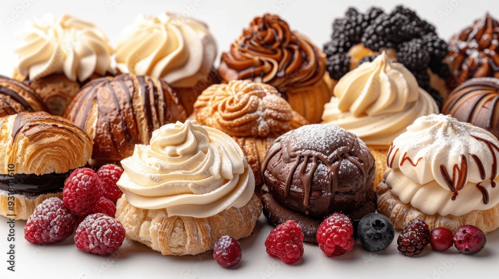 A visually appealing arrangement of various choux pastry buns displayed in a mix of whole, broken, and sliced pieces. The image is provided as a transparent PNG, perfect for mockup purposes.