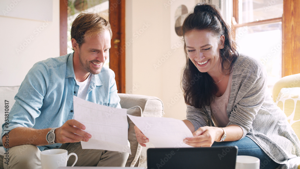 Couple, smile and review with documents at house for tablet, financial planning and debt payment of mortgage. Man, woman and paperwork for budget savings, property insurance and asset management Couple, smile and review with documents at house for tablet, financial planning and debt payment of mortgage. Man, woman and paperwork for budget savings, property insurance and asset management