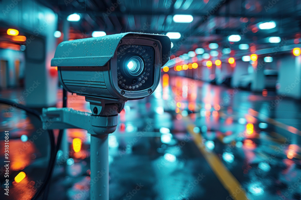 High-tech security camera in a dim parking garage High-tech security camera in a dim parking garage