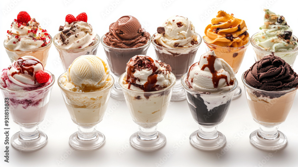 Collection of sundae ice cream desserts in tulip glass cups, showcasing various flavors. Each sundae is a frozen dessert presented against a white background, ideal for cutout files and artwork design Collection of sundae ice cream desserts in tulip glass cups, showcasing various flavors. Each sundae is a frozen dessert presented against a white background, ideal for cutout files and artwork design