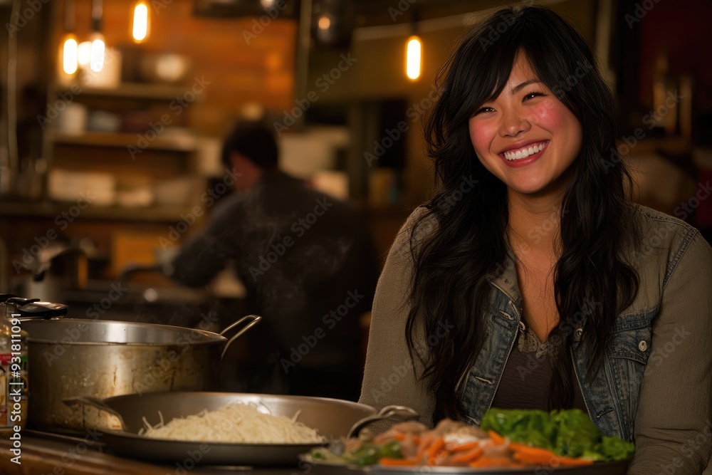 Joyful Asian woman cooking with fresh ingredients in a stylish kitchen during Labor Day celebration Joyful Asian woman cooking with fresh ingredients in a stylish kitchen during Labor Day celebration