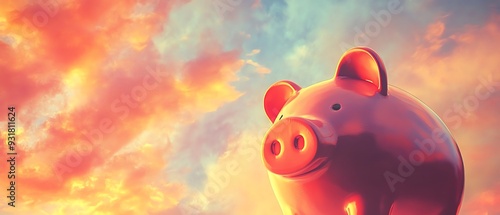 Illustrate a towering piggy bank against a vibrant sky from a worms-eye view, imbuing it with a colorful, whimsical touch photo