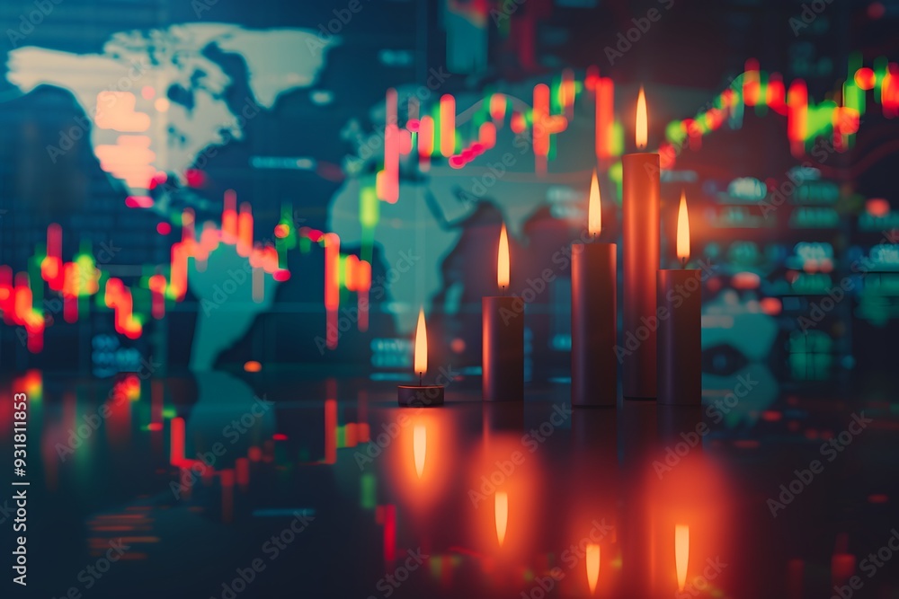 A stock market candlestick chart with green and red candles on a black background, in the top left corner of which is a map showing various national outlines in dark blue, A stock market candlestick chart with green and red candles on a black background, in the top left corner of which is a map showing various national outlines in dark blue,