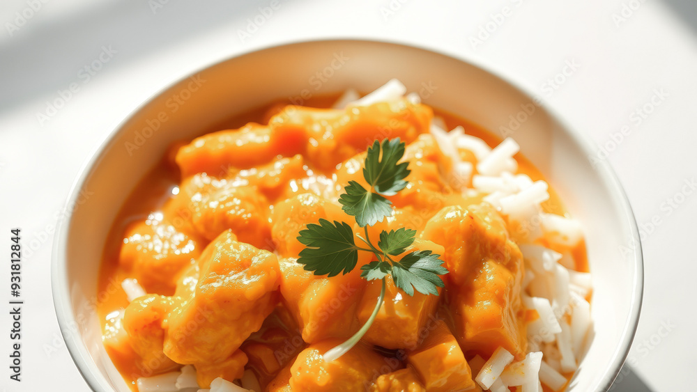 Close-up of Butternut Squash Curry in White Bowl with Parsley Garnish Close-up of Butternut Squash Curry in White Bowl with Parsley Garnish