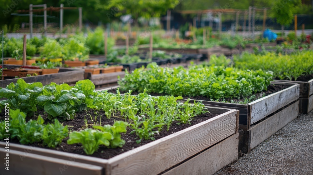 Vibrant community garden with various vegetables and herbs thriving in raised wooden beds on a sunny day. Vibrant community garden with various vegetables and herbs thriving in raised wooden beds on a sunny day.