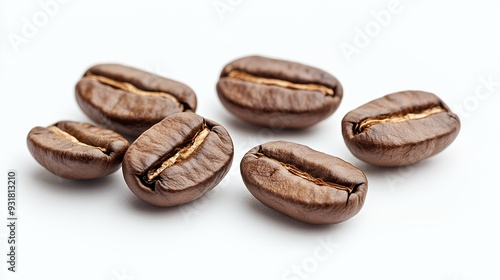 A collection of roasted coffee beans arranged on a light background.