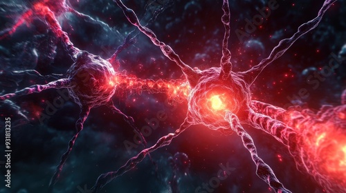 Two neurons are seen firing and establishing synapses, showcasing the vibrant activity within a neural network photo