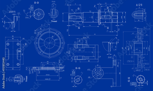 Vector engineering drawing of a steel mechanical 
parts with through holes. 
Industrial cad scheme on white paper sheets. 
Technology background.