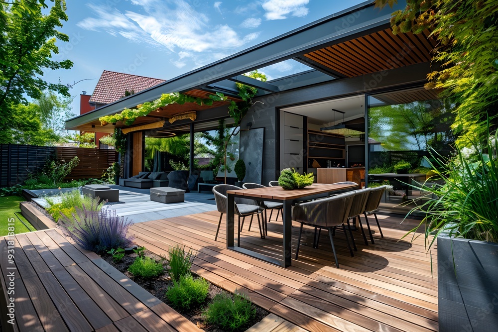 Fototapeta premium Modern Outdoor Living Space with Elegant Design and Lush Greenery