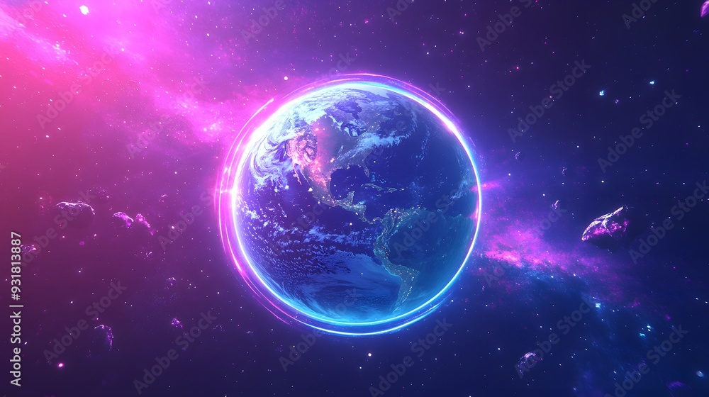 A futuristic Earth floating in space, surrounded by glowing energy rings, gradient background shifting from deep blue to vibrant purple, intricate details in the continents and oceans, lighting is A futuristic Earth floating in space, surrounded by glowing energy rings, gradient background shifting from deep blue to vibrant purple, intricate details in the continents and oceans, lighting is