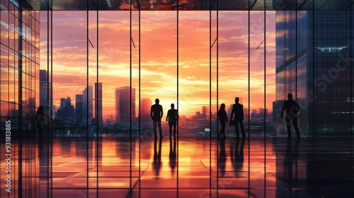 Silhouettes of People Looking at Sunset from a Skyscraper