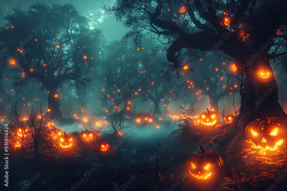Creepy foggy forest with glowing jack-o'-lanterns Creepy foggy forest with glowing jack-o'-lanterns