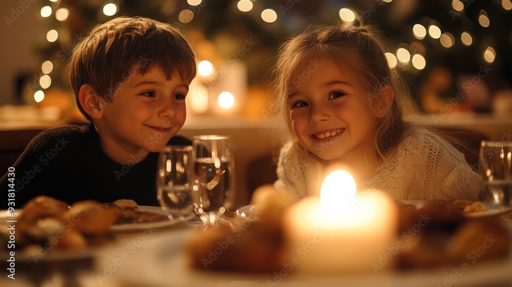 Children sharing stories and laughter during a family dinner, creating warm memories. Children sharing stories and laughter during a family dinner, creating warm memories.