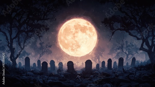 Eerie Night: Full Moon Illuminating Gothic Gravestones in Watercolor Style, Generative Ai