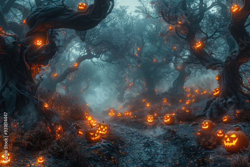 Foggy forest with glowing jack-o'-lanterns