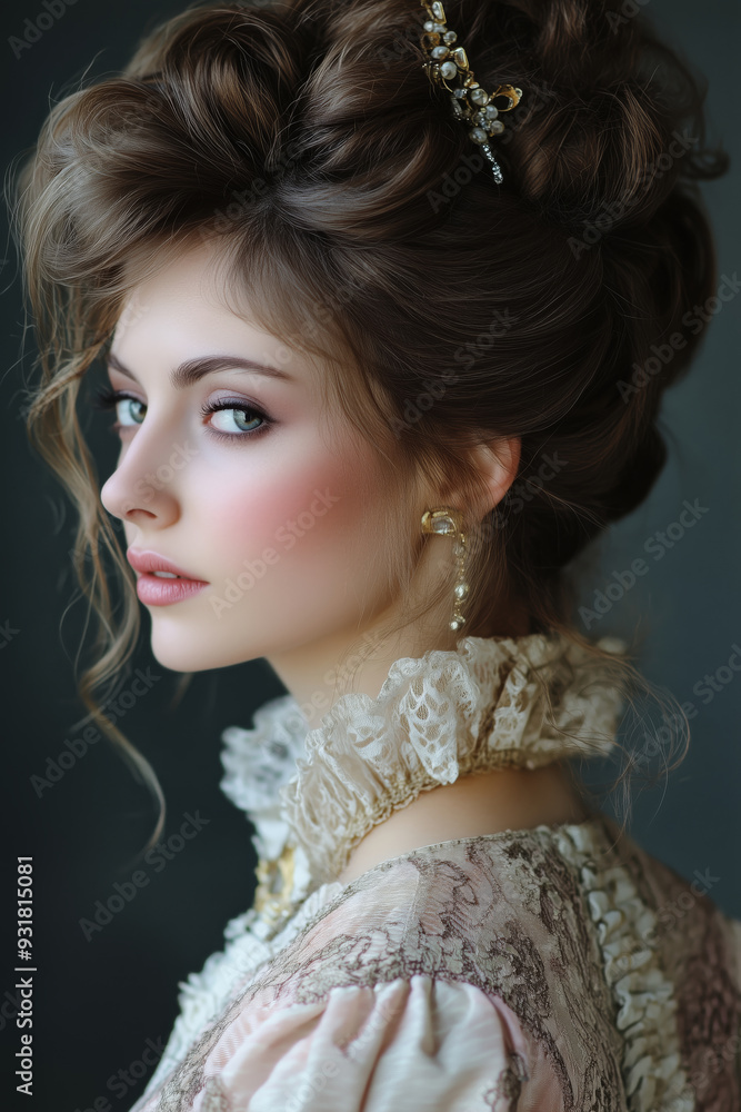 Fototapeta premium An elegant lady with an intricate updo hairstyle and vintage attire poses gracefully against a soft backdrop
