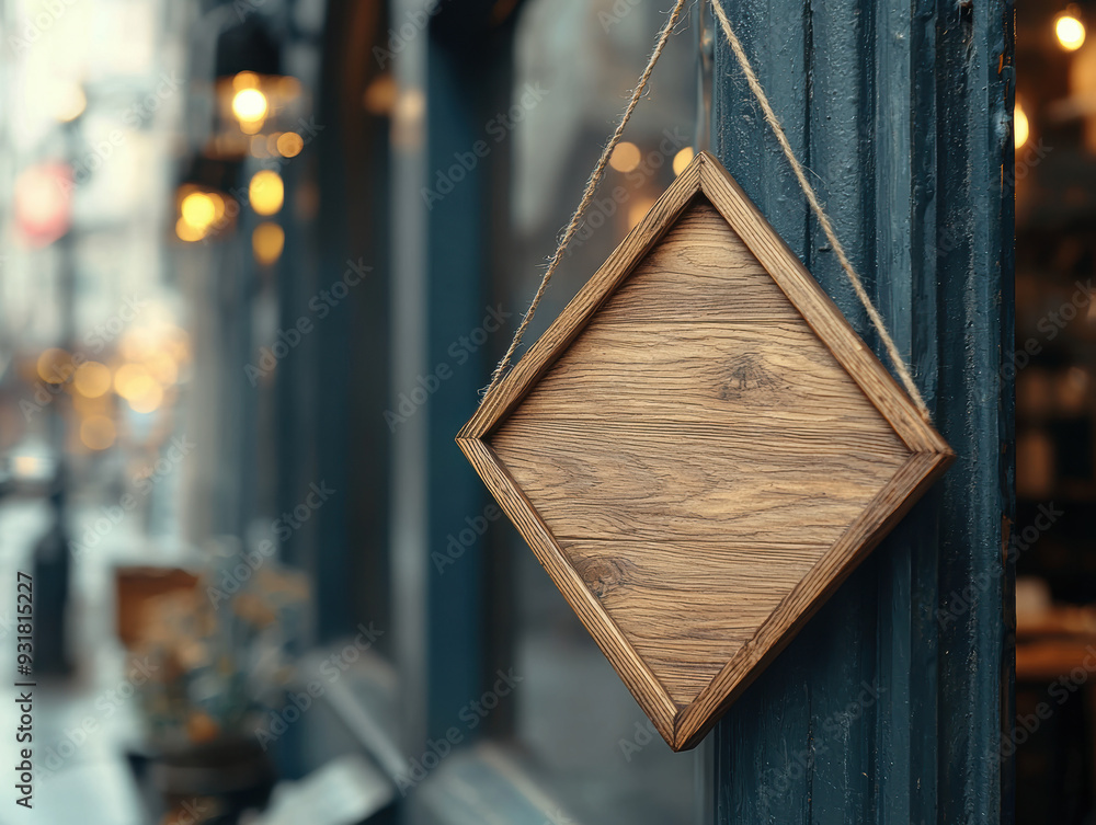 Empty wooden signboard hanging outside a shop on a city street, ready for custom text or signage. Blurred background with warm lighting. Empty wooden signboard hanging outside a shop on a city street, ready for custom text or signage. Blurred background with warm lighting.