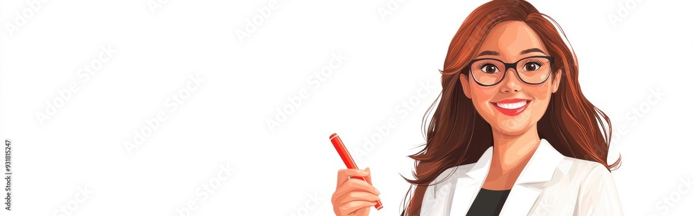 Obraz premium Cheerful cartoon businesswoman holding a marker in a bright white scene office education writing theme