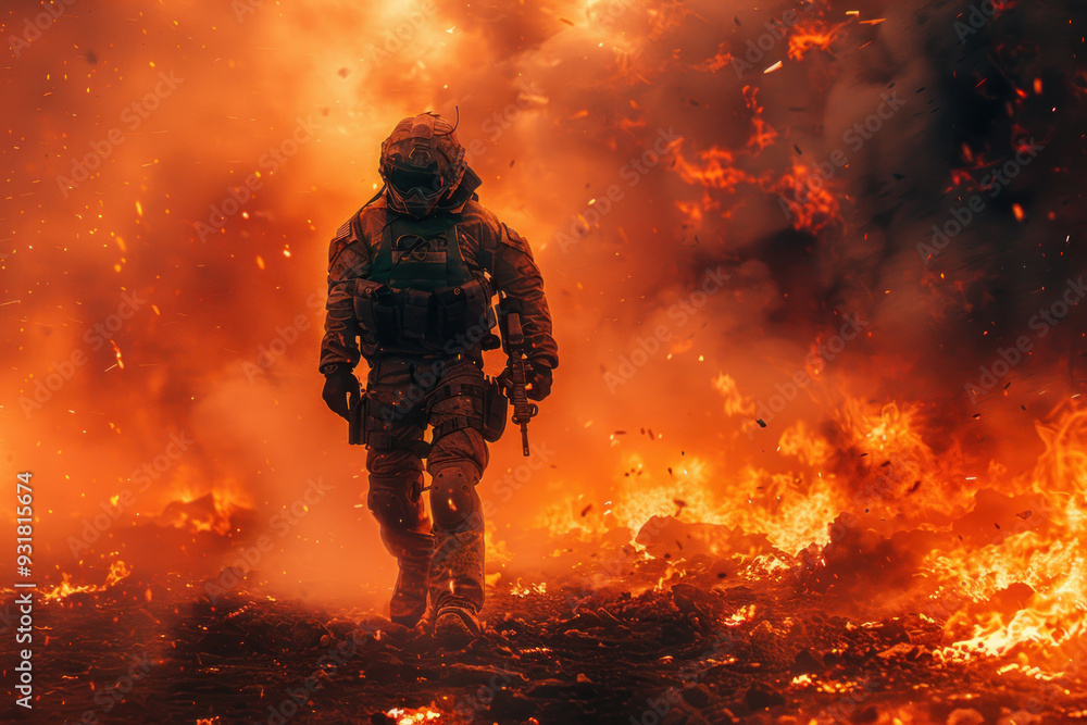 Soldier navigating a fiery battlefield at dusk Soldier navigating a fiery battlefield at dusk
