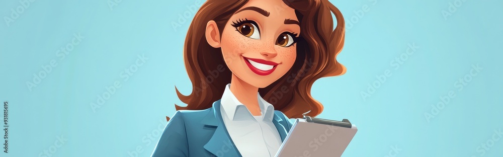 Cheerful cartoon businesswoman with a notepad Cheerful cartoon businesswoman with a notepad