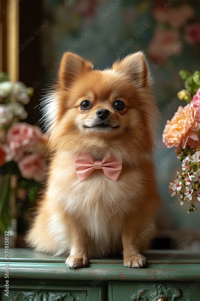 Pomeranian in a pink bowtie, posing on a stylish, floraldecorated counter Pomeranian in a pink bowtie, posing on a stylish, floraldecorated counter
