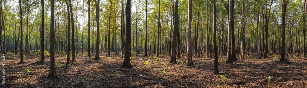 Serene, panoramic view of a pine forest with tall trees and sunlight filtering through, capturing the tranquility and beauty of nature. Serene, panoramic view of a pine forest with tall trees and sunlight filtering through, capturing the tranquility and beauty of nature.