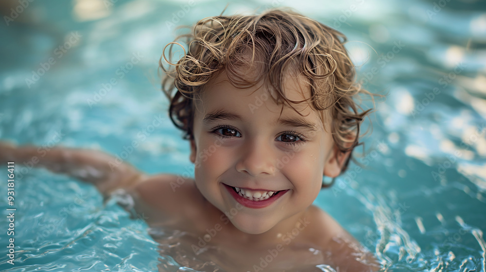 Close-up of a cute 3-year-old white boy smiling happy and excited playing in a pool, Blue water. Close-up of a cute 3-year-old white boy smiling happy and excited playing in a pool, Blue water.