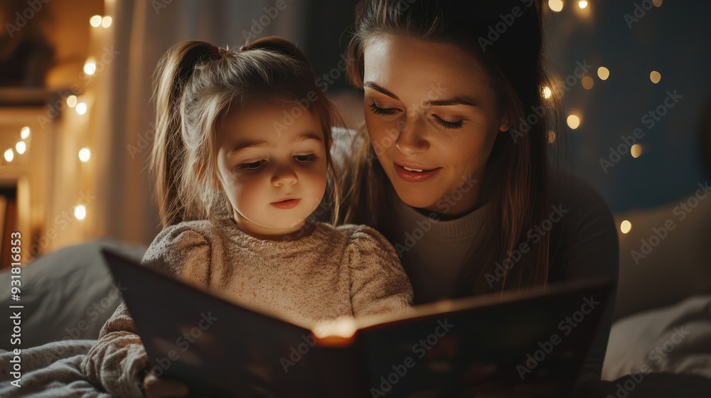 A mother reading a bedtime story to her young daughter, creating a magical atmosphere. A mother reading a bedtime story to her young daughter, creating a magical atmosphere.