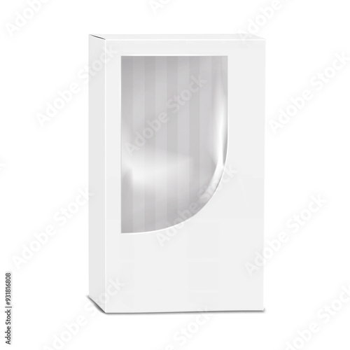Tall thin white paper cardboard box with clear plastic window and tuck-in flap. Realistic 3d vector mock-up. Empty transparent front paperboard container. Mockup. Template for design